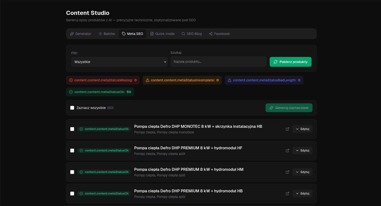 WooMate Studio — Meta SEO, lista produktów ze statusami